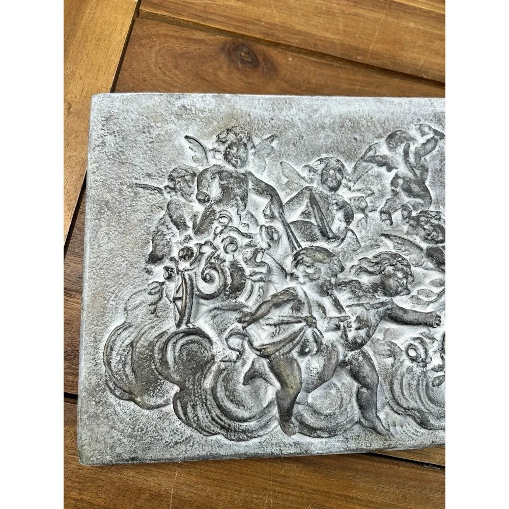 VTG 2000's Bas-Relief Plaque W Cherubs Plaster Wall Decor Grey 14